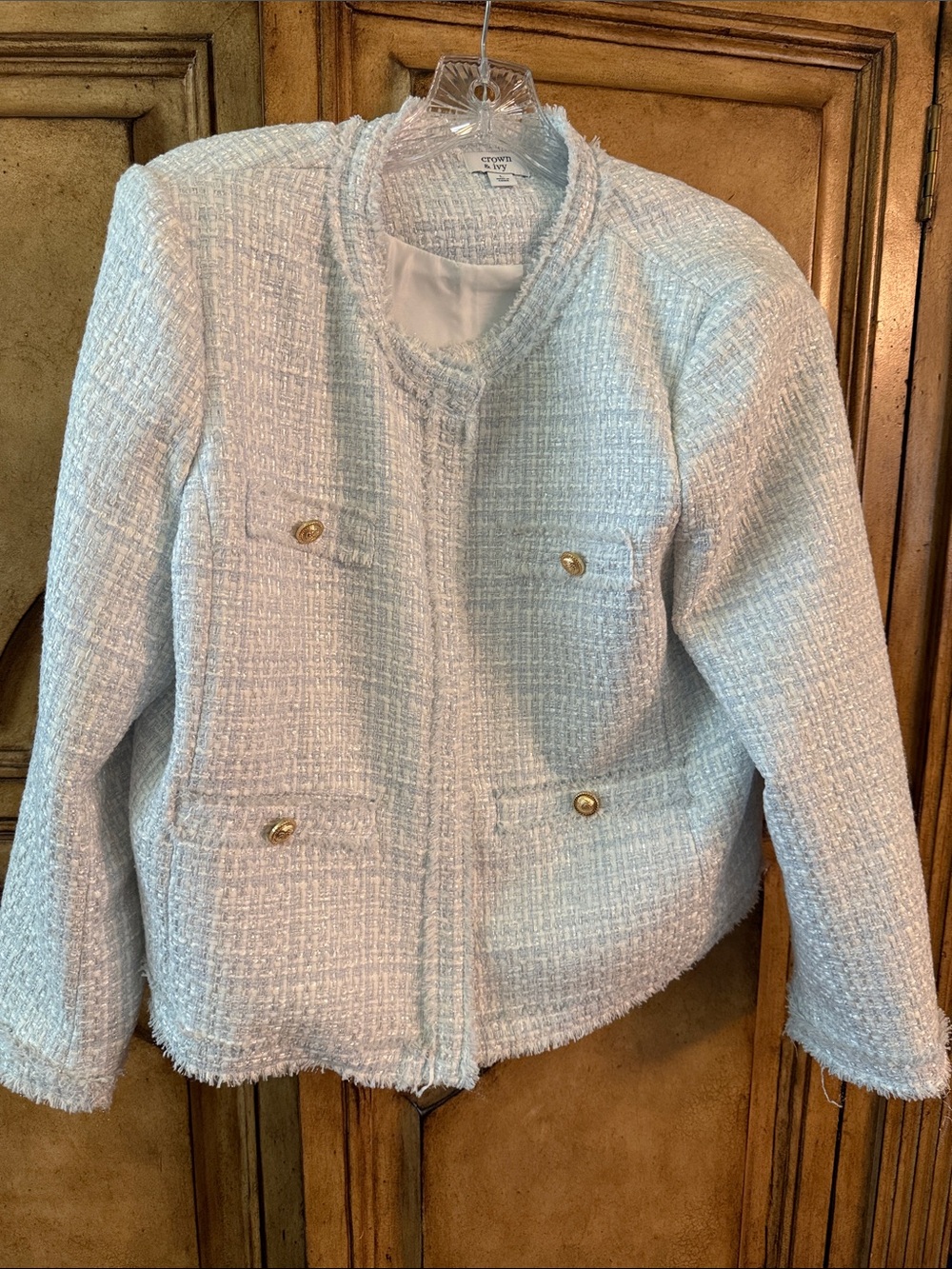 crown & ivy Ivory and Light Blue Tweed Jacket with Silver Metallic Threading